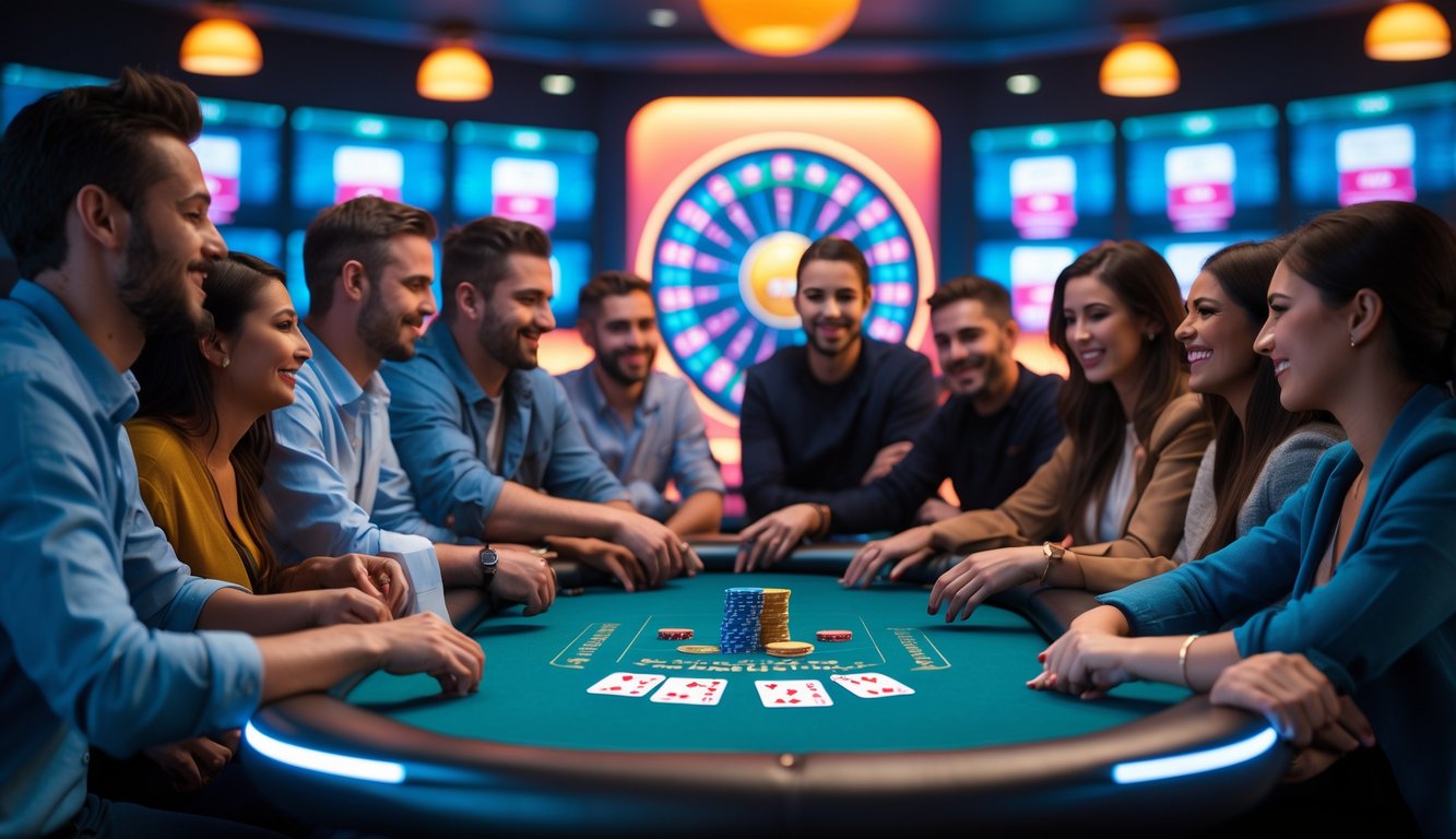 Sekelompok orang bermain poker online dengan layar besar menampilkan kartu dan chip, suasana penuh antusiasme dan konsentrasi.