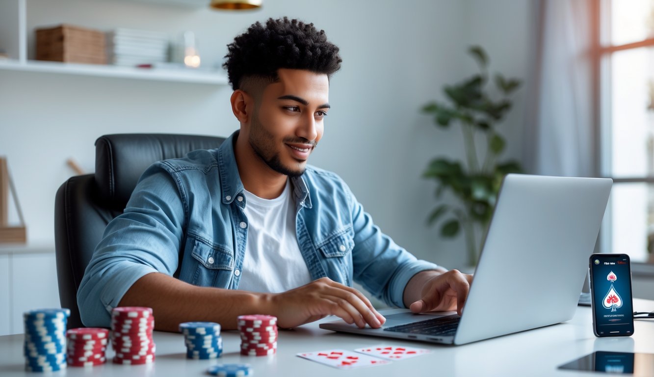 Seseorang duduk di meja dengan laptop, sedang mendaftar di platform poker online dengan chip poker dan kartu bermain di sekitar.