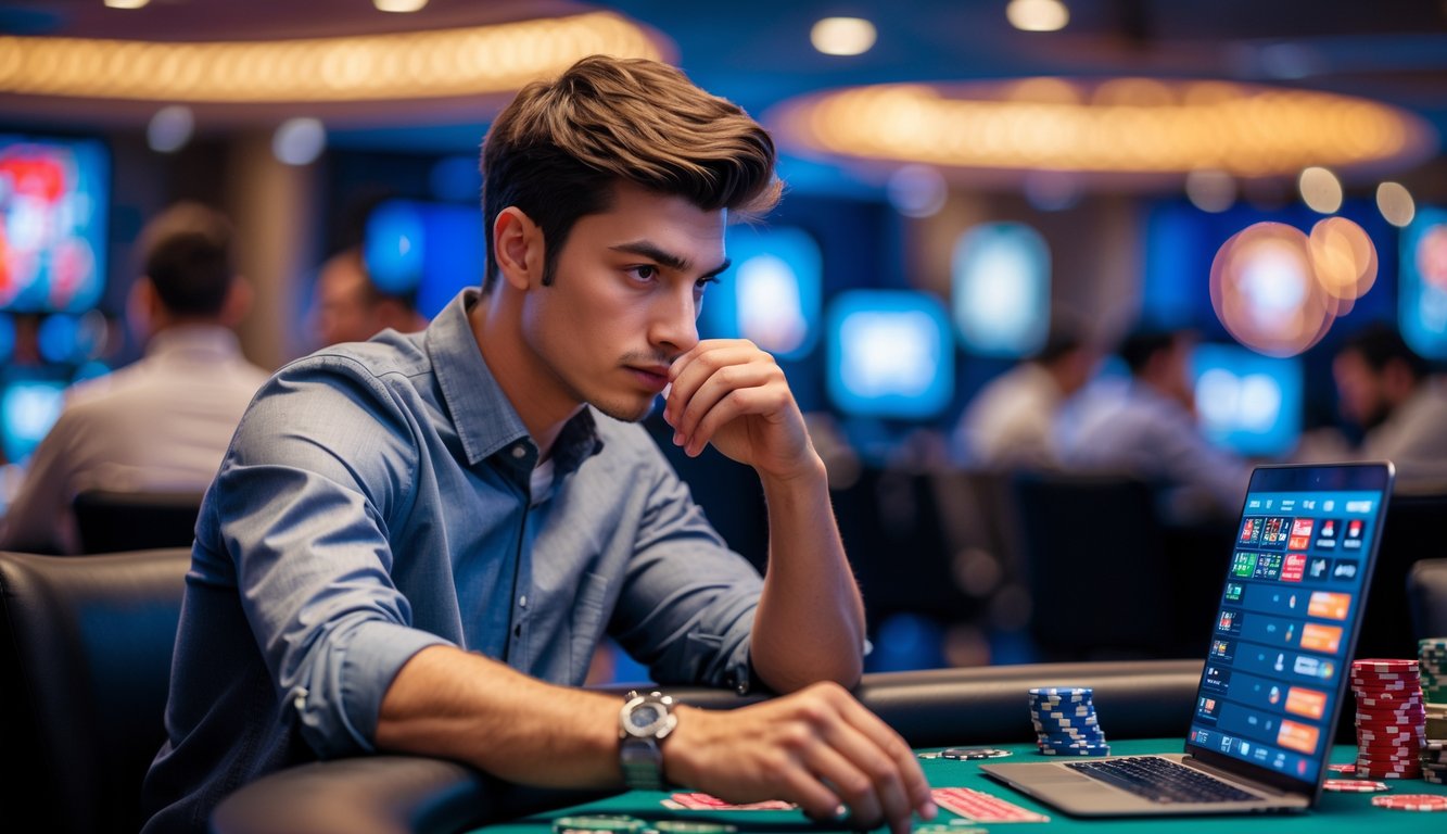 Seorang pria muda fokus duduk di meja poker dengan kartu dan chip di tangan, di ruang kasino modern dengan perangkat digital di dekatnya.