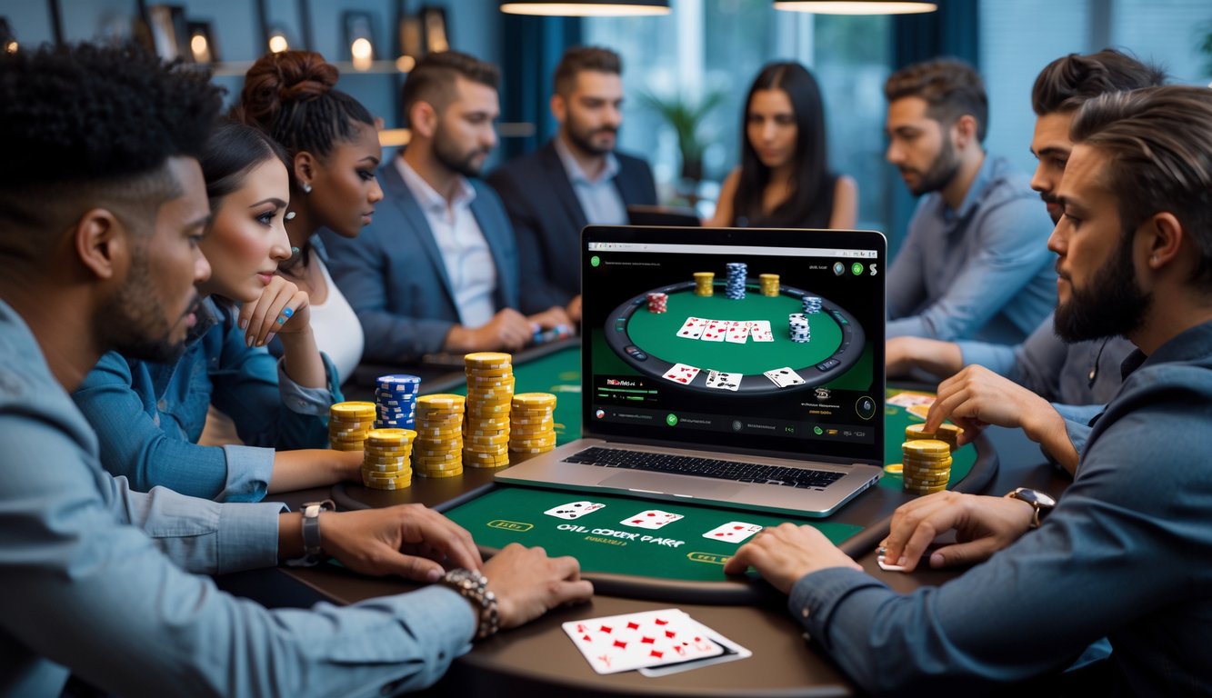 Beberapa pemain poker online sedang fokus bermain Spin & Go Poker di depan komputer dengan chip dan kartu poker di meja.