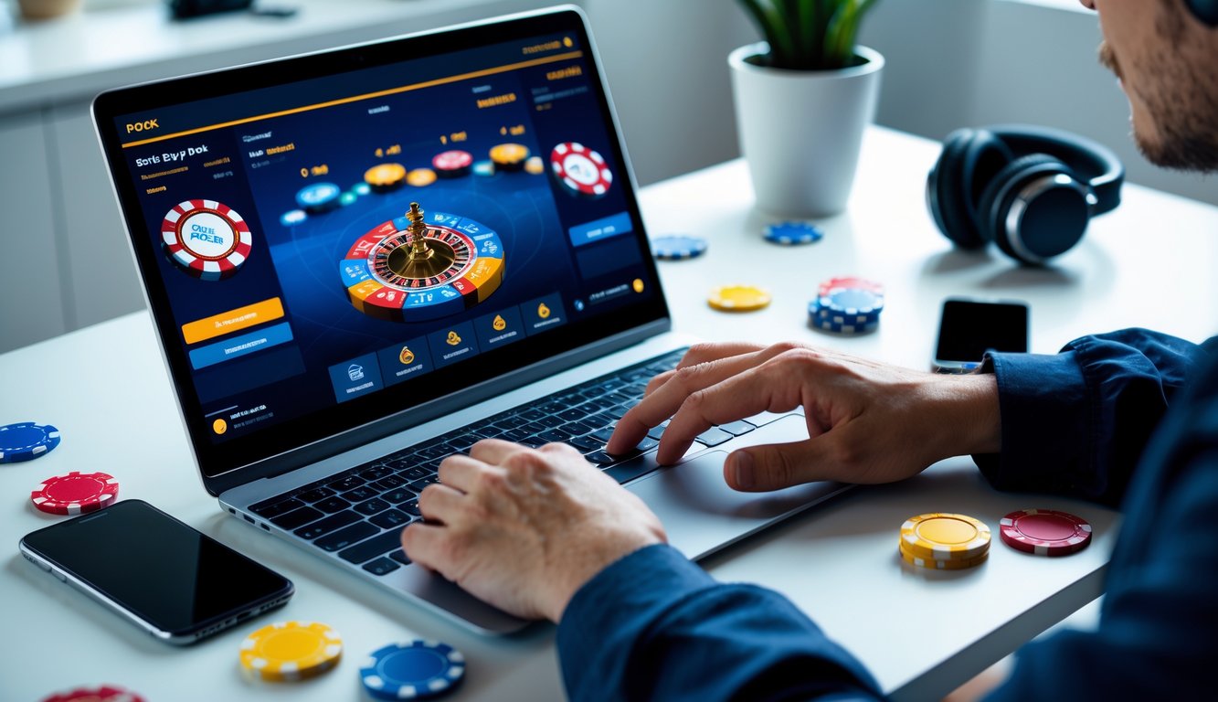 Seseorang sedang bermain poker online di laptop dengan chip poker di meja dalam ruangan yang rapi.
