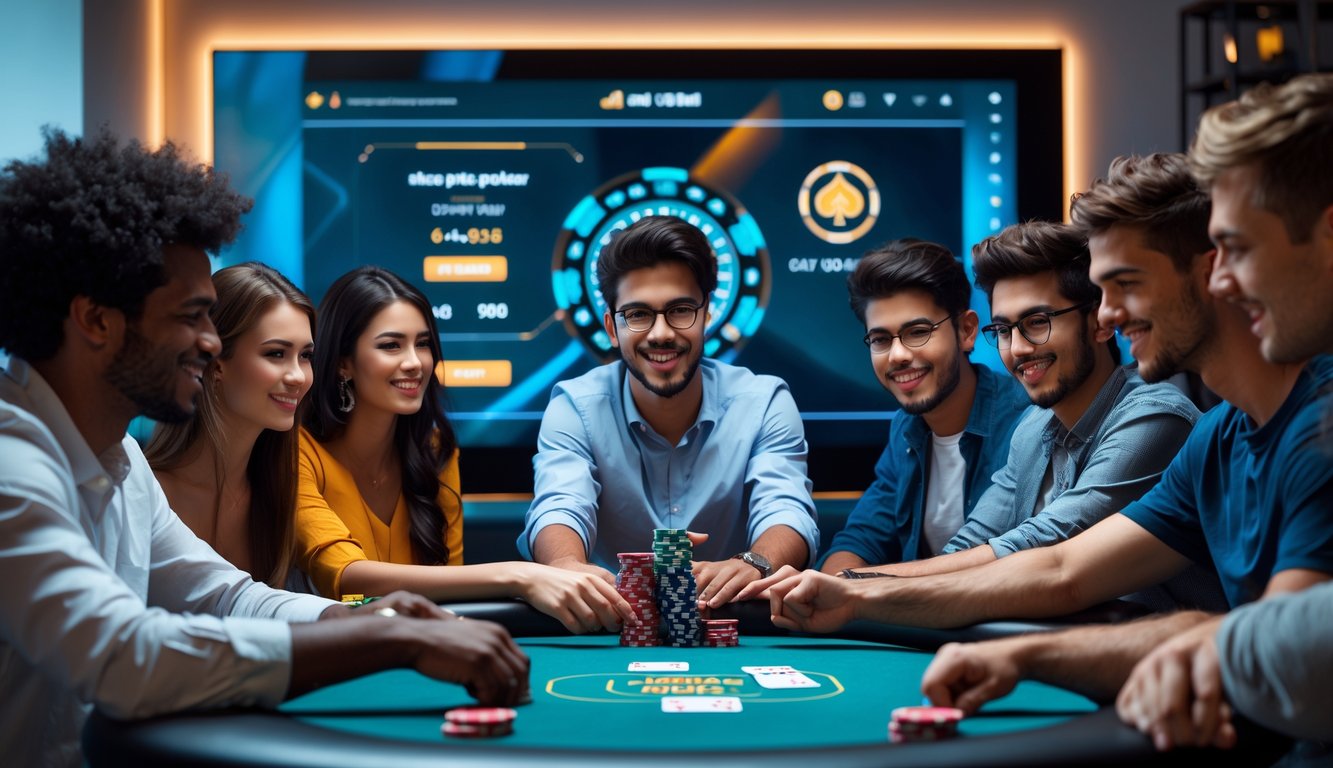 Sekelompok orang muda bermain poker di meja modern dengan layar digital di latar belakang yang menunjukkan permainan poker online dan transaksi cepat.