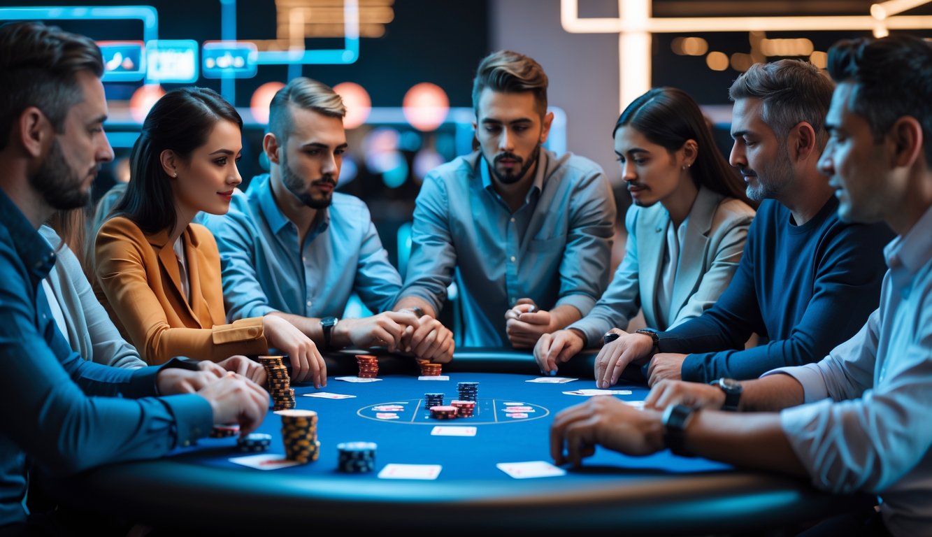 Sekelompok orang dewasa bermain poker di meja dengan chip dan kartu, dalam suasana ruang permainan yang modern dan terang.