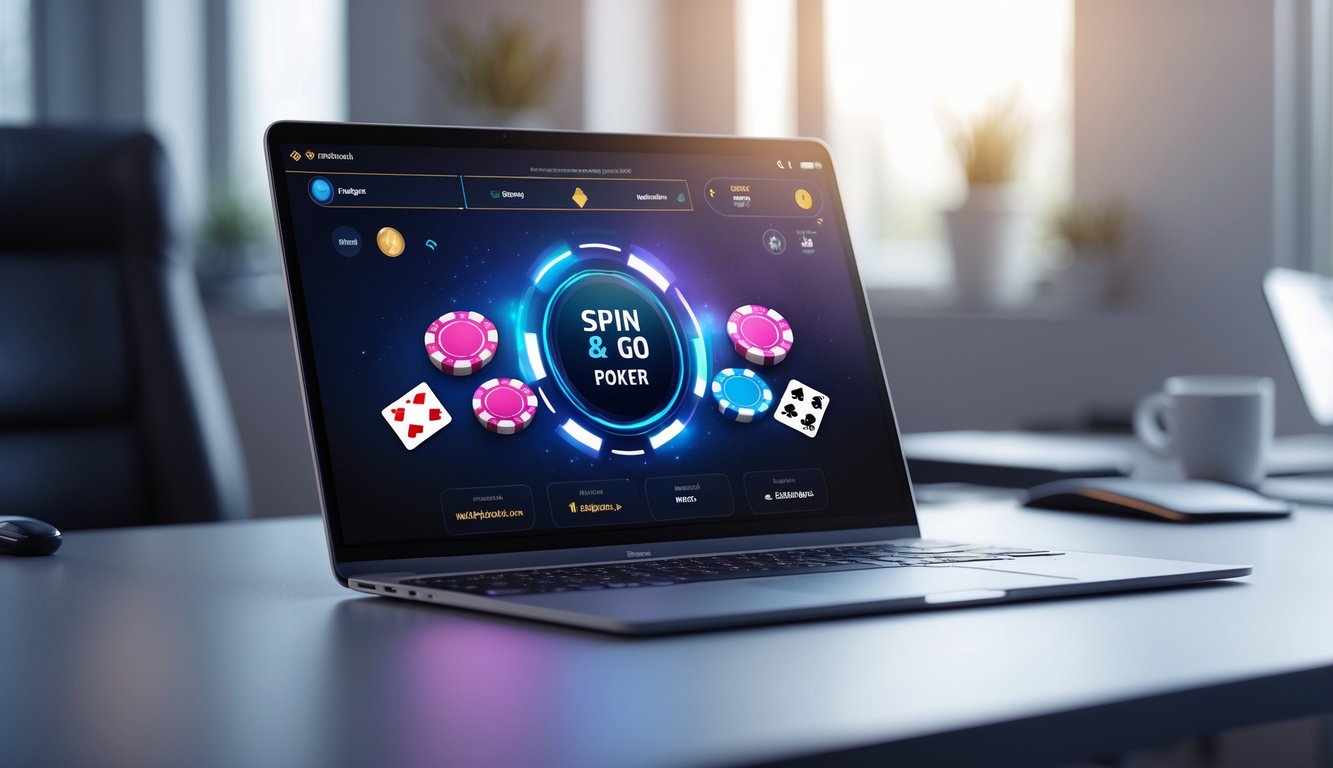 Seseorang bermain poker online di laptop dengan chip poker dan kartu bermain di layar.