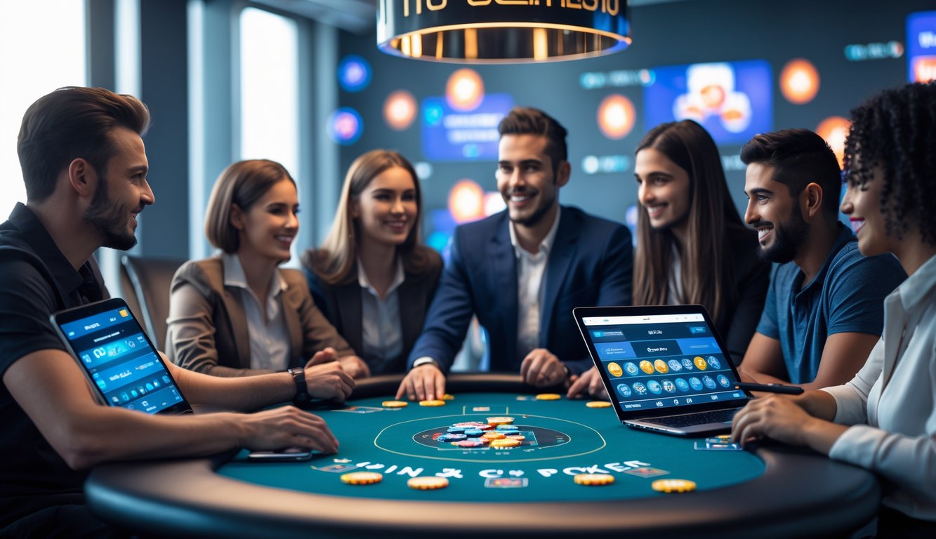 Sekelompok pemain poker online sedang bermain di meja poker modern dengan perangkat digital, fokus pada strategi dan kemenangan besar.