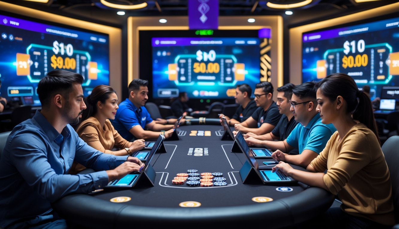 Sekelompok pemain poker online sedang bermain di meja poker dengan perangkat digital dalam suasana kompetitif dan modern.