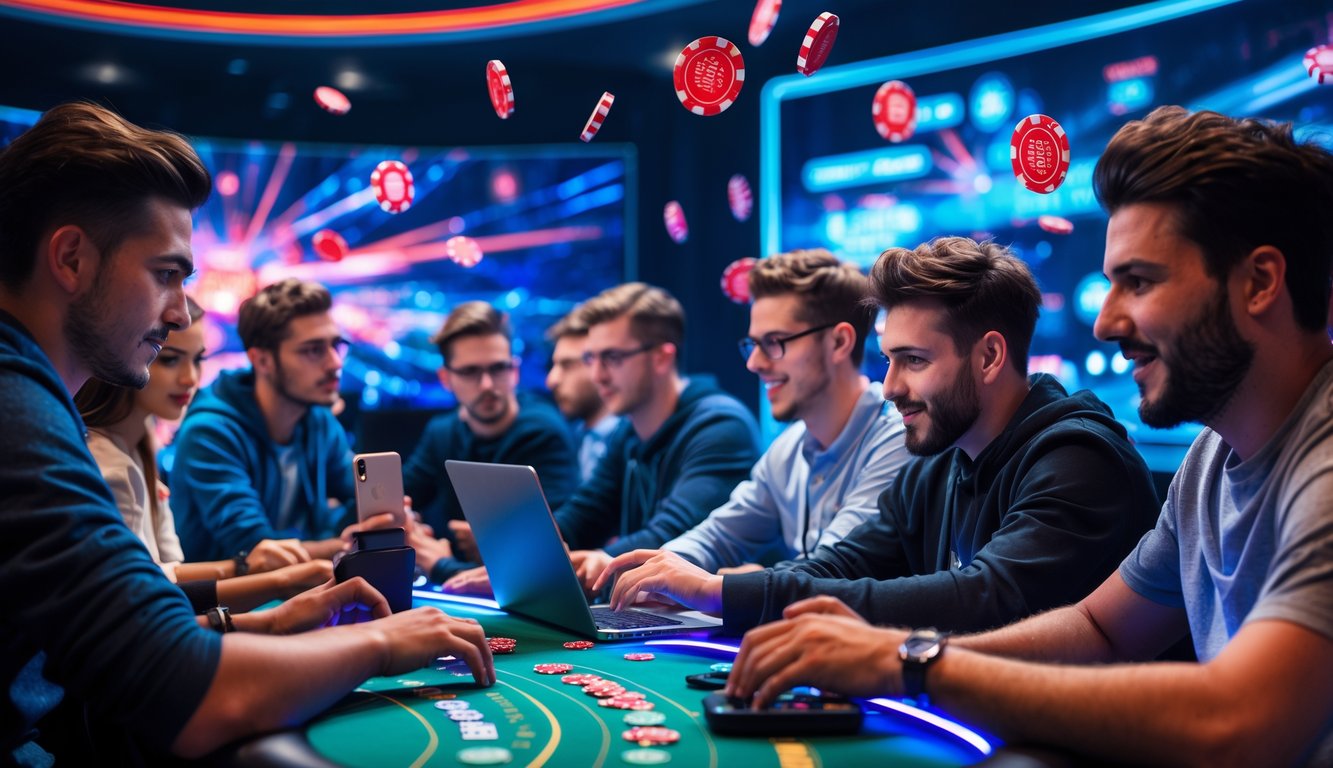 Sekelompok orang muda bermain poker online dengan fokus di meja digital yang modern, terlihat serius dan antusias.