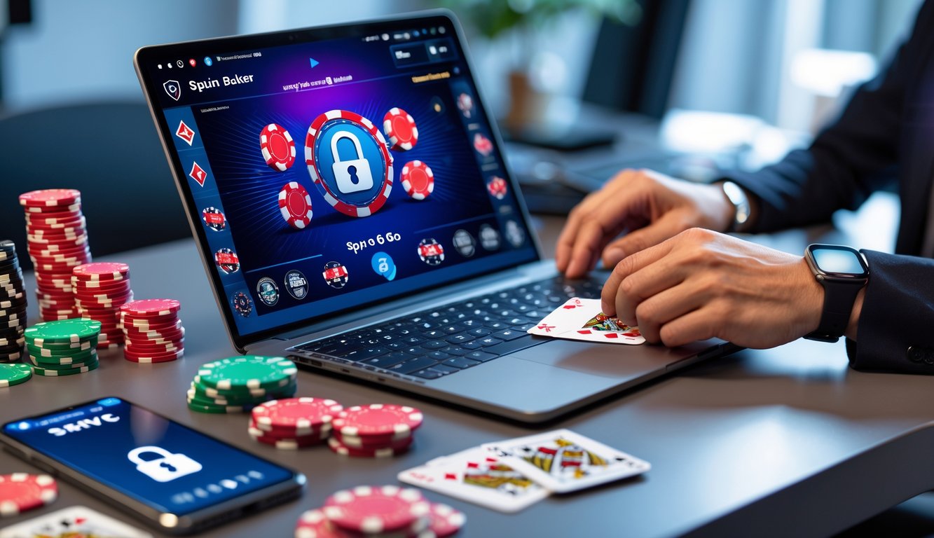 Seorang pemain menggunakan laptop dengan tampilan permainan poker online dan chip poker di meja, menunjukkan suasana bermain poker yang aman dan terpercaya.