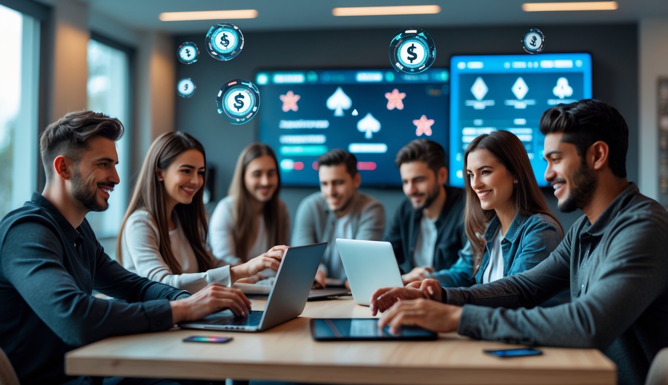 Sekelompok orang muda bermain poker online dengan laptop dan ponsel di ruangan modern yang terang.