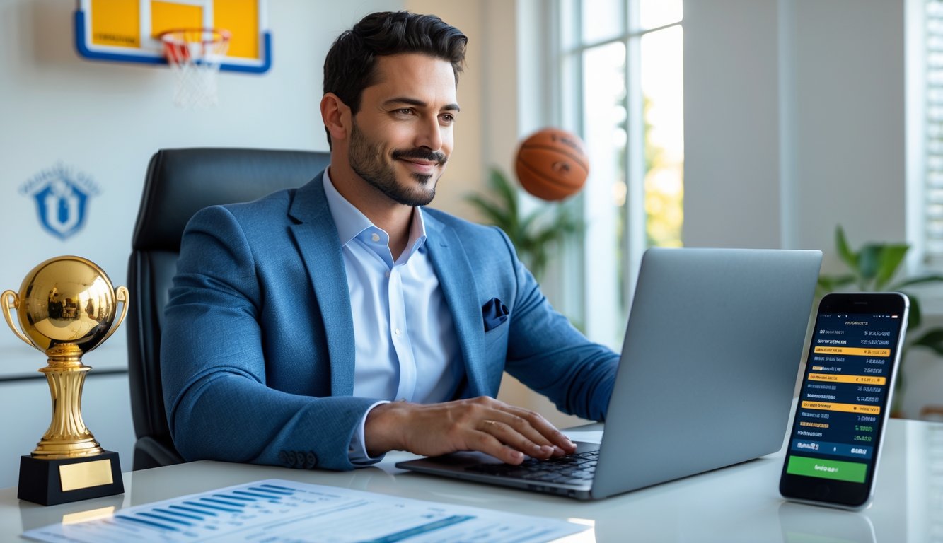Seorang pria duduk di meja dengan laptop di ruang kerja modern, dikelilingi dekorasi bertema bola basket.