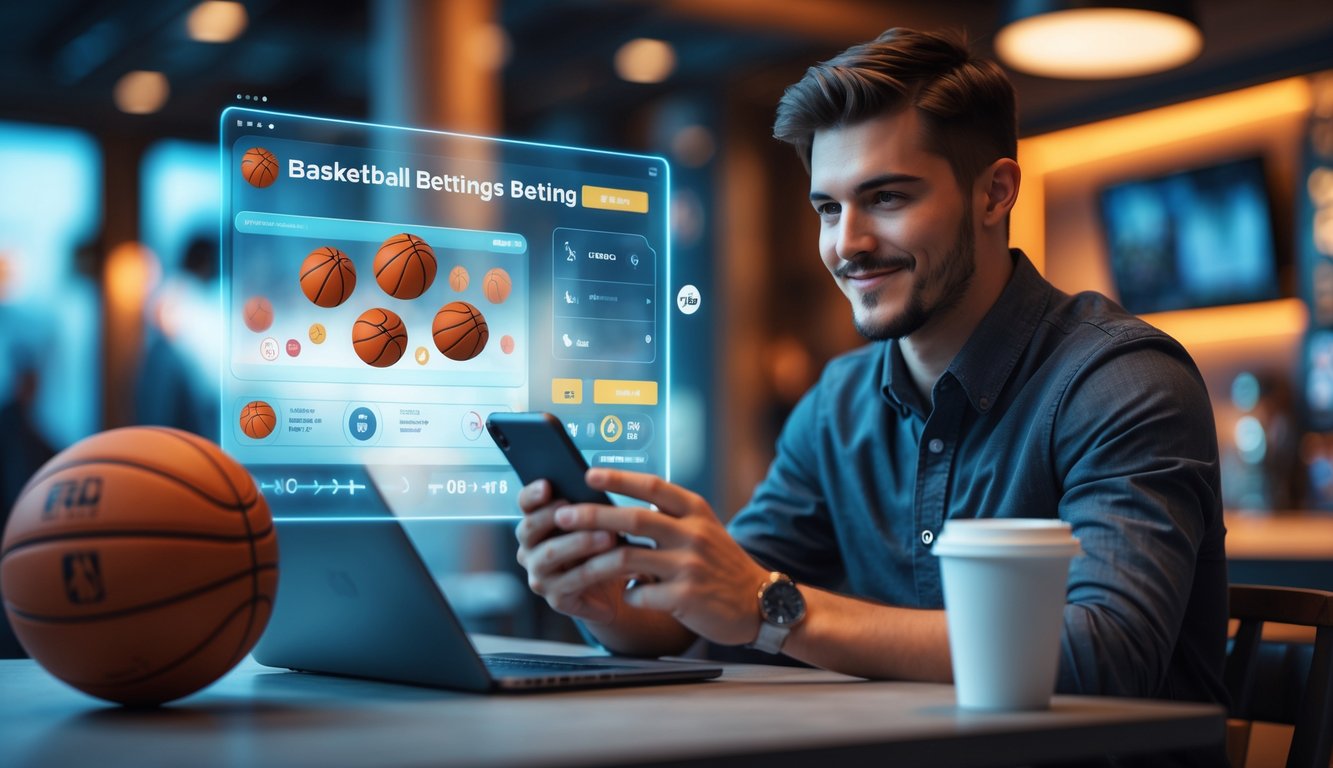 Seorang pria muda sedang menggunakan ponsel untuk memasang taruhan bola basket secara online di sebuah ruangan dengan pencahayaan hangat.