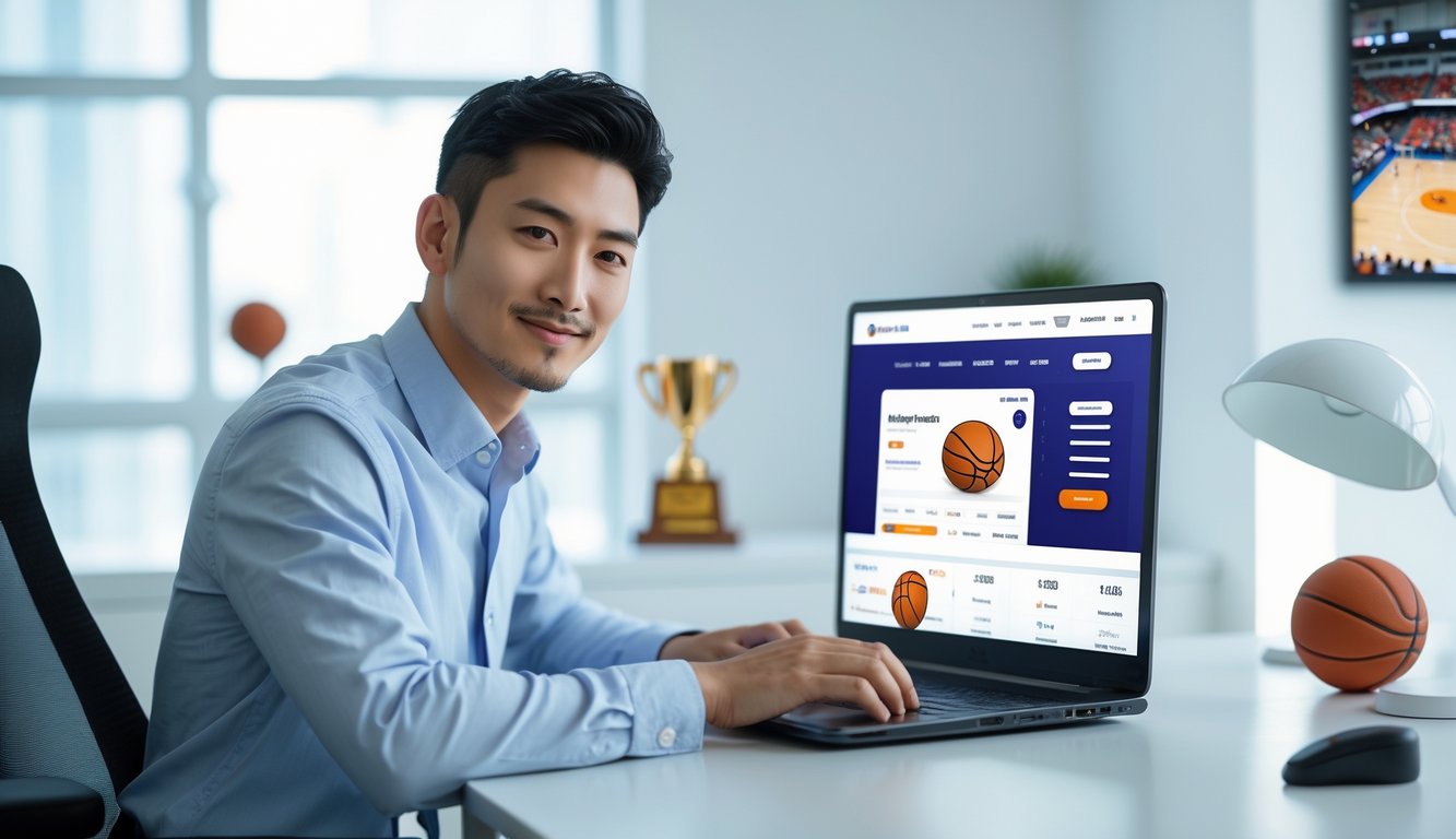 Seorang pria muda duduk di meja kantor menggunakan laptop dengan tema basket, menunjukkan suasana transaksi online yang cepat dan mudah.