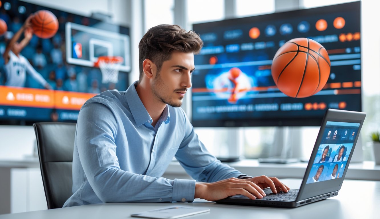 Seorang pria muda duduk di meja modern dengan laptop menampilkan pertandingan basket, di latar belakang tampak layar digital dengan gambar bola basket dan simbol transaksi cepat.