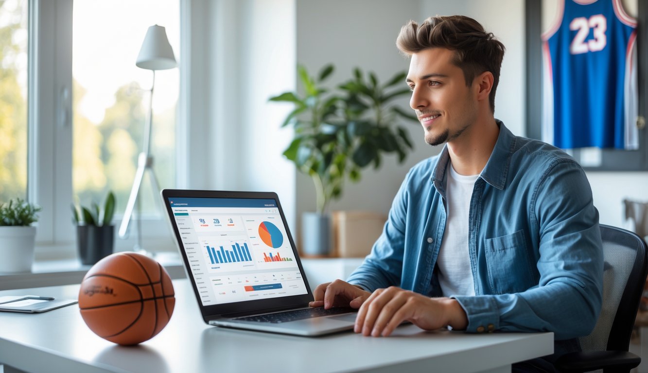 Seorang pria muda duduk di meja dengan laptop, fokus mencari agen judi basket online di ruang kerja yang terang dan rapi.