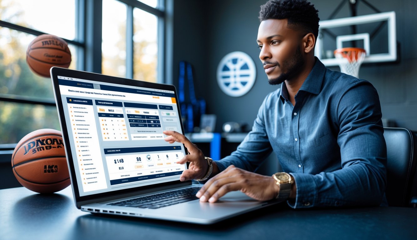Seseorang sedang menggunakan laptop dengan tampilan situs taruhan basket online dan elemen bola basket di sekitar meja kerja.