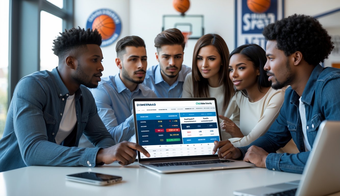 Sekelompok orang muda sedang berdiskusi di sekitar laptop dengan latar belakang dekorasi bertema bola basket.