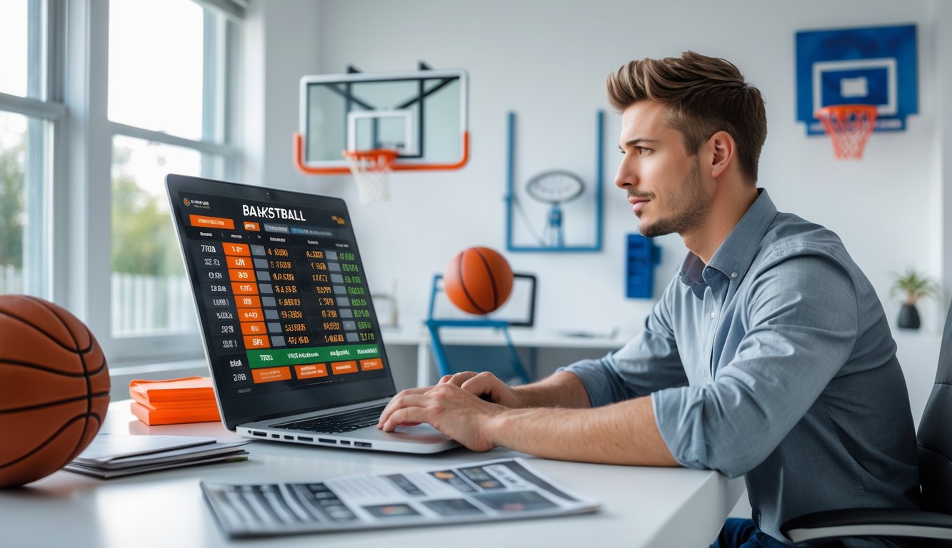 Seorang pria muda duduk di meja dengan laptop yang menampilkan statistik dan peluang taruhan bola basket, dikelilingi oleh perlengkapan bola basket di ruang kerja yang terang.