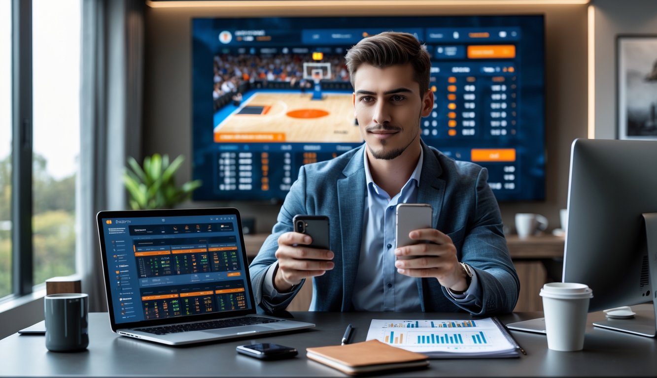 Seorang pria muda duduk di meja dengan beberapa perangkat digital yang menampilkan data taruhan bola basket, sambil melihat layar besar yang menayangkan pertandingan bola basket langsung.
