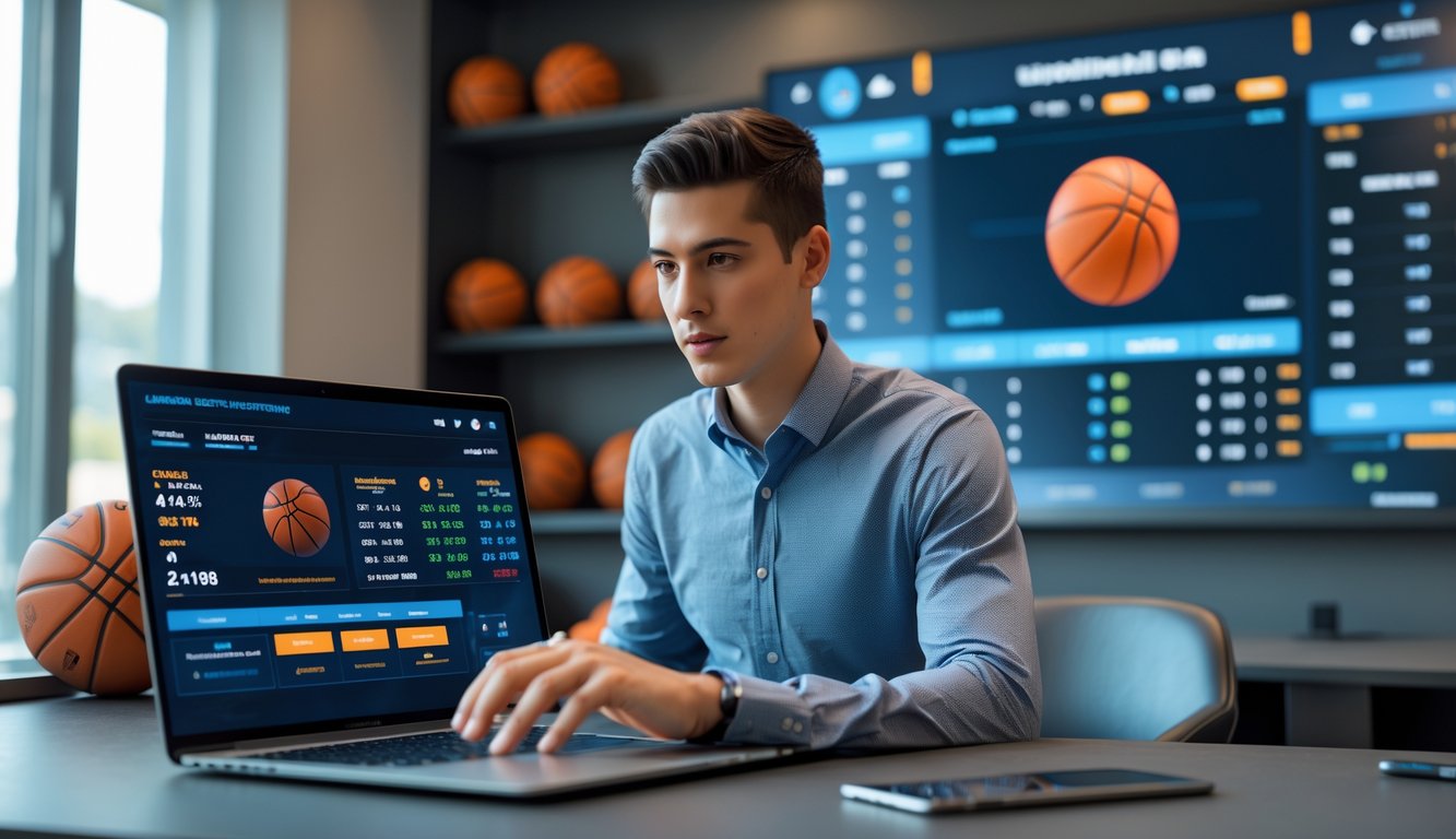 Seseorang menggunakan laptop untuk taruhan bola basket online dengan latar belakang elemen bertema bola basket.