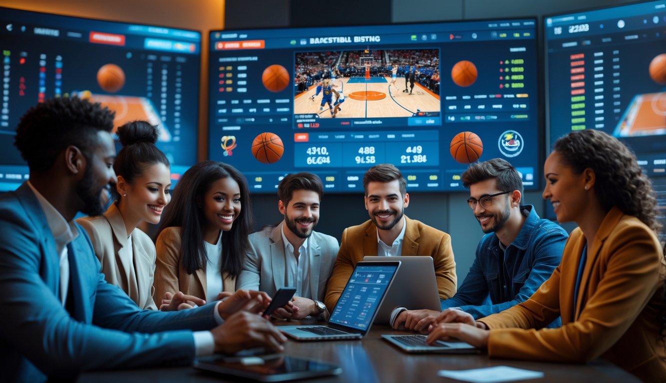 Sekelompok orang muda sedang menonton pertandingan bola basket di layar digital besar sambil menggunakan ponsel dan laptop untuk taruhan online.