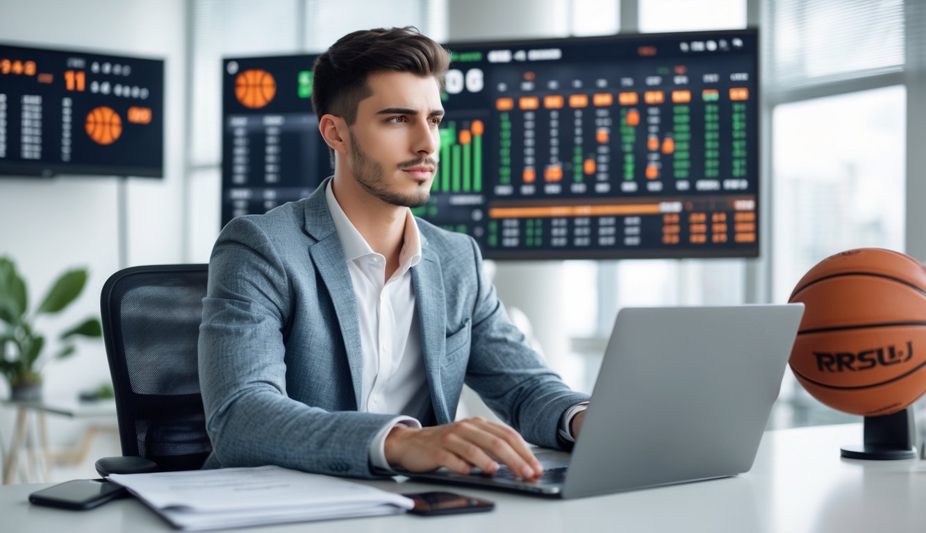 Seorang pria muda duduk di meja dengan laptop, menganalisis statistik dan peluang taruhan bola basket di kantor yang terang dengan papan skor bola basket di latar belakang.