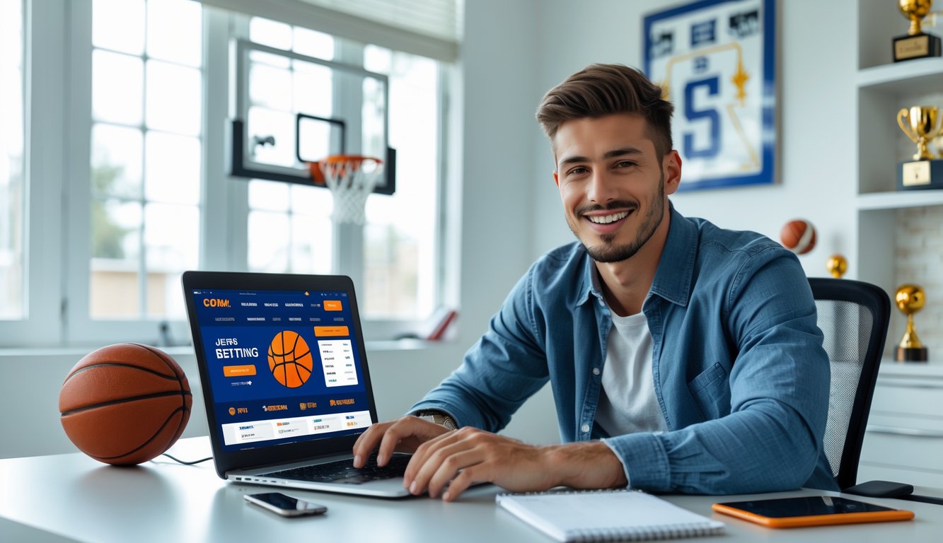 Seorang pria muda duduk di meja kerja dengan laptop, dikelilingi barang-barang bertema bola basket di ruangan yang terang dan rapi.