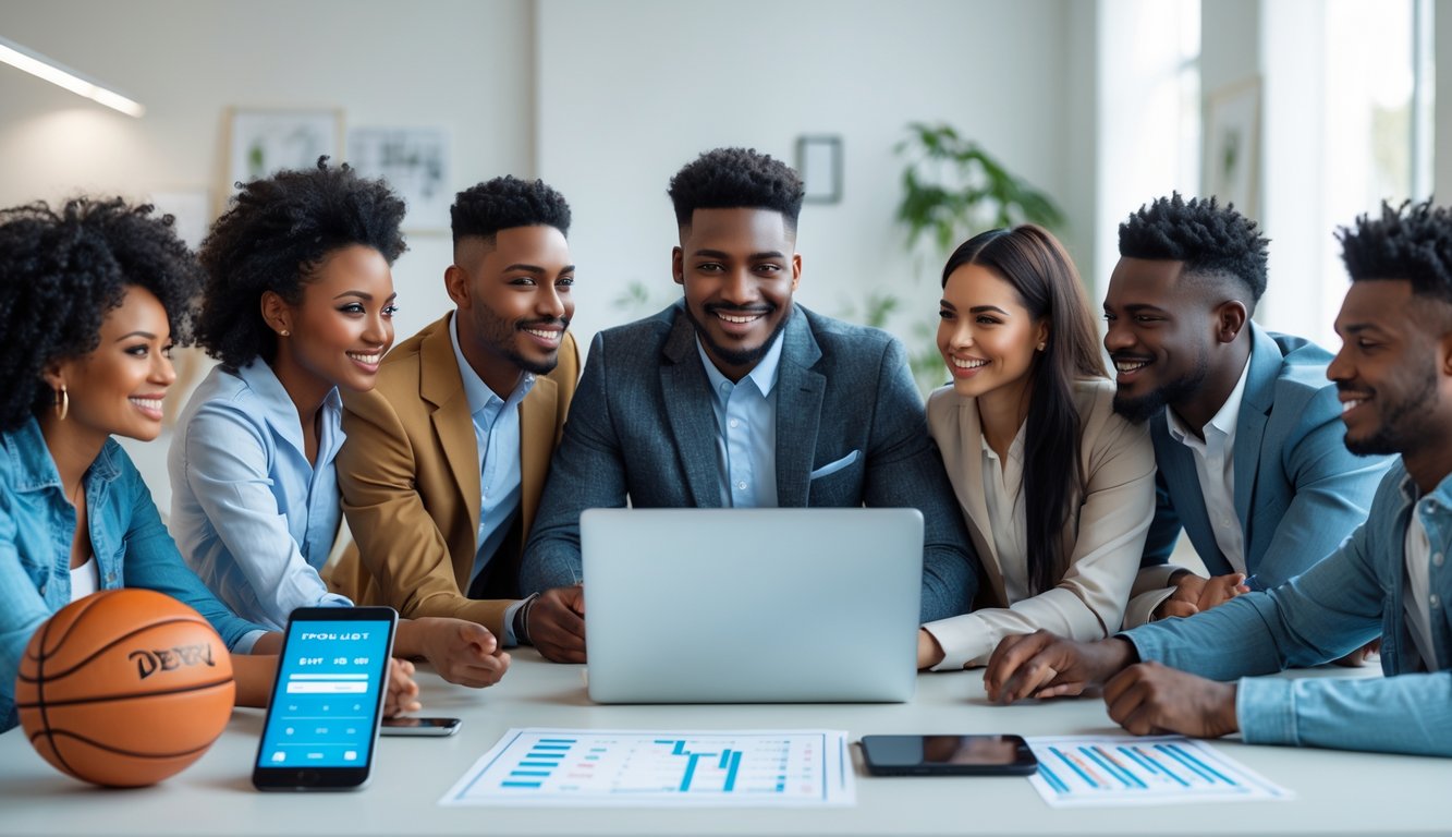 Sekelompok orang muda yang percaya diri sedang berkumpul di sekitar laptop di kantor modern dengan elemen terkait basket dan taruhan online di meja.