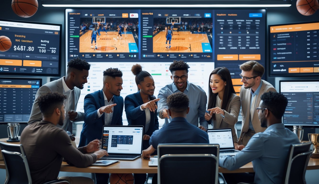 Sekelompok orang muda sedang berdiskusi di depan layar besar yang menampilkan statistik dan data pertandingan bola basket, menggunakan laptop dan ponsel di sebuah ruangan modern.