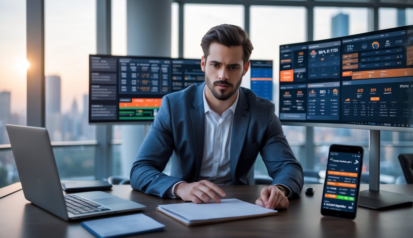 Seorang pria fokus menganalisis strategi taruhan basket menggunakan laptop dan beberapa layar komputer di kantor modern.