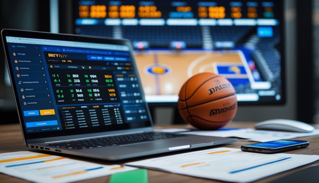 Meja kerja dengan laptop yang menampilkan statistik bola basket dan aplikasi taruhan, bola basket di samping, serta layar besar dengan gambar lapangan bola basket di latar belakang.