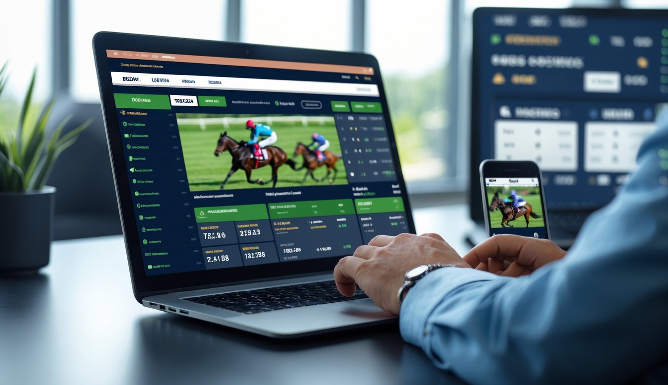 Seseorang menggunakan laptop untuk memasang taruhan balap kuda secara online di meja kerja modern.