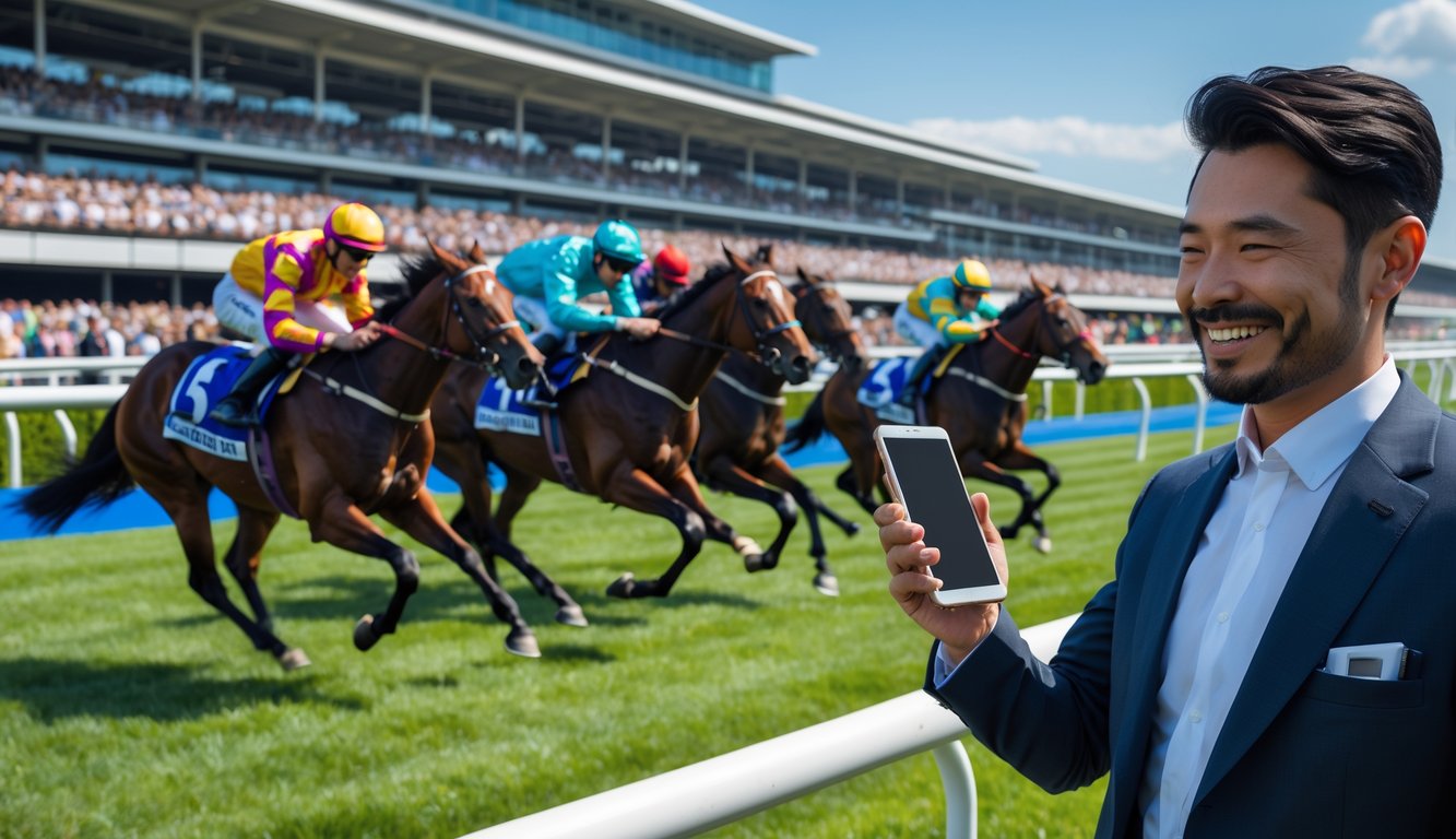 Beberapa kuda pacuan berlari cepat di lintasan dengan joki mengenakan pakaian warna-warni, di latar belakang tribun penonton yang ramai, dan seorang pria memegang ponsel tersenyum di depan.