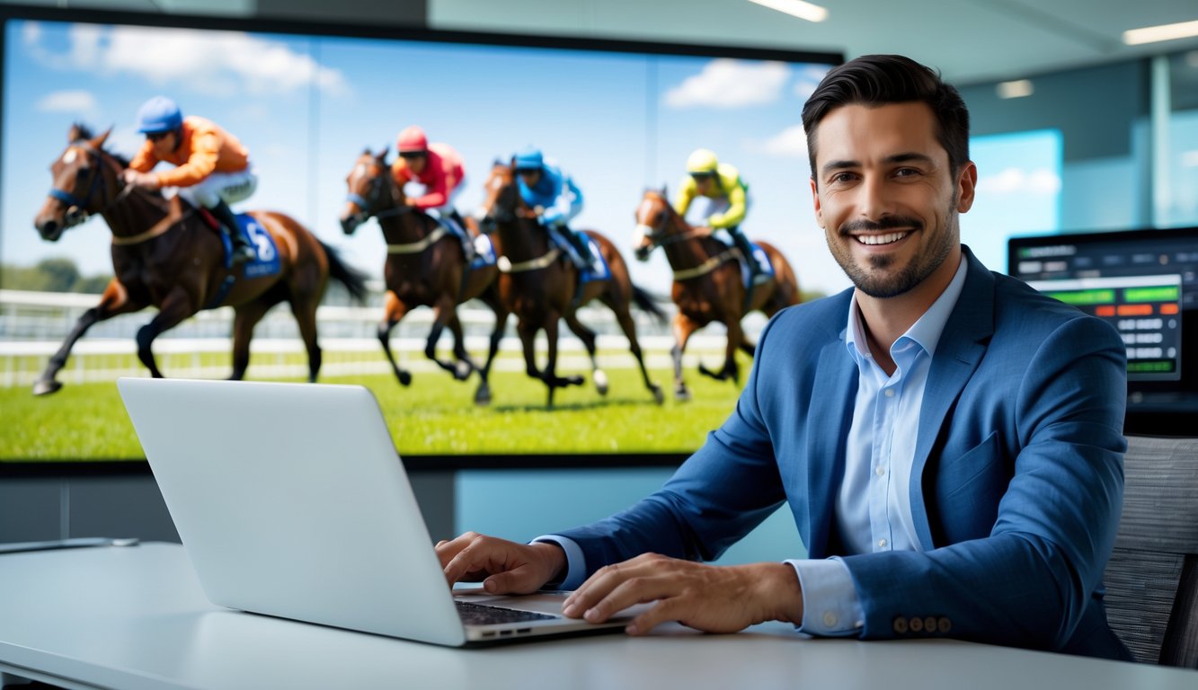 Seorang pria duduk di meja dengan laptop, menonton balap kuda di layar besar di belakangnya, terlihat fokus dan percaya diri.