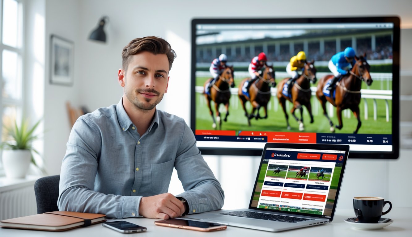 Seorang pria muda duduk di meja dengan laptop yang menampilkan situs taruhan balap kuda online, di latar belakang layar besar menampilkan balapan kuda.