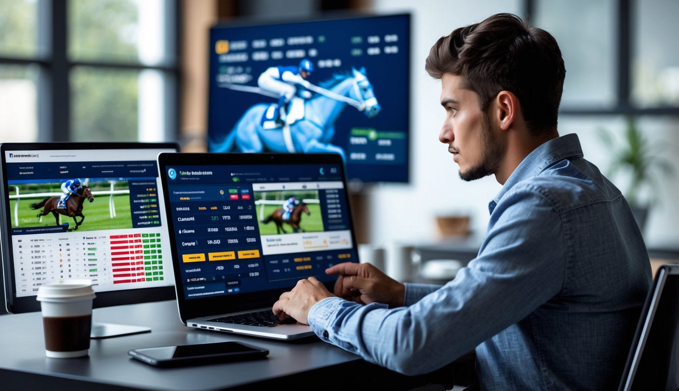 Seorang dewasa muda duduk di meja dengan laptop dan ponsel yang menampilkan data balap kuda, tampak fokus dan serius dalam suasana dalam ruangan.
