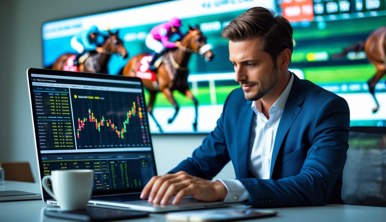 Seorang pria fokus di depan laptop dengan layar menampilkan data balap kuda di kantor modern.