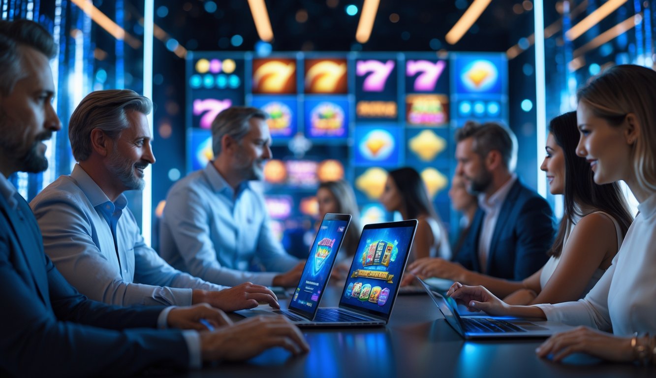 Orang-orang yang sedang bermain game slot online dengan perangkat digital di lingkungan modern dan terang.