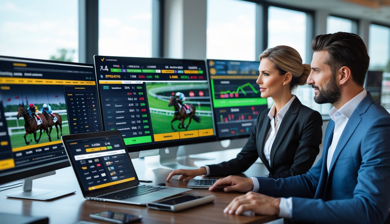 Dua orang profesional sedang melihat data balap kuda secara online di depan beberapa layar komputer dalam ruangan kantor modern.