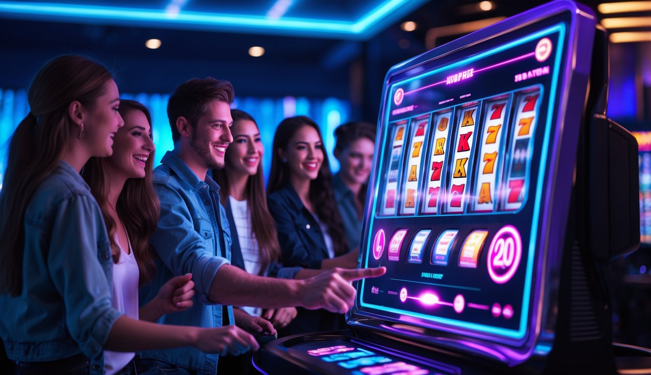 Orang-orang muda sedang bermain mesin slot digital dengan layar sentuh di ruang permainan modern yang remang-remang.