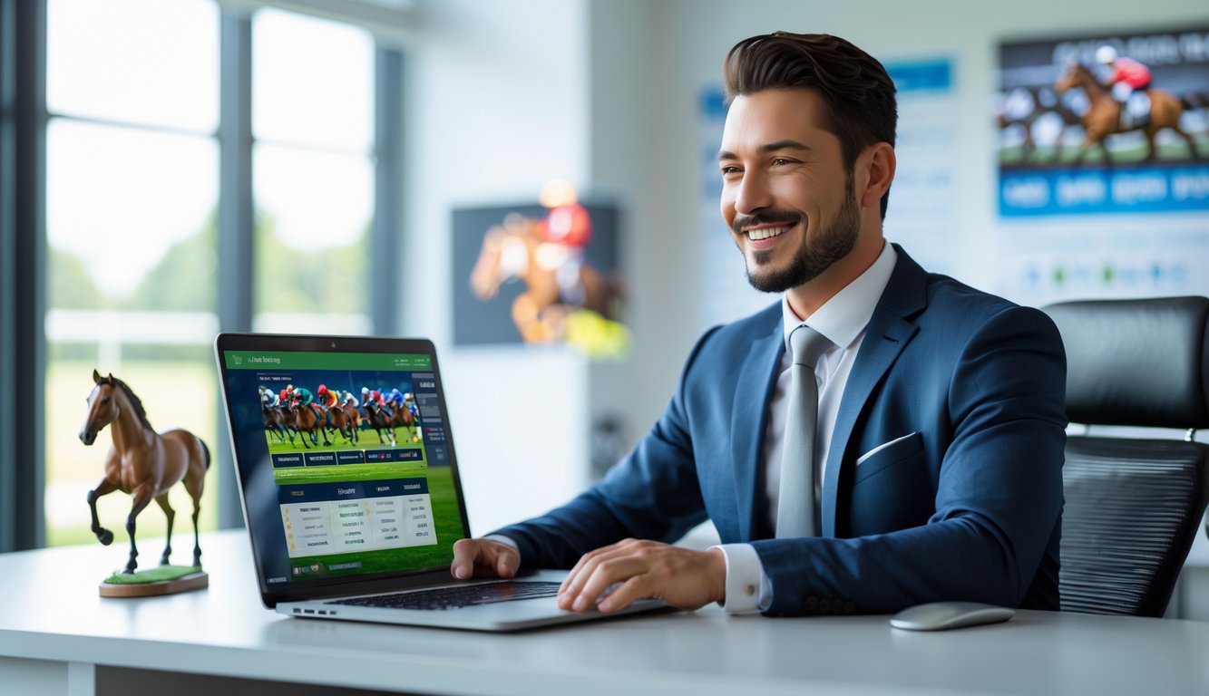 Seorang pria profesional duduk di meja dengan laptop, menggunakan platform taruhan balap kuda online di kantor modern.