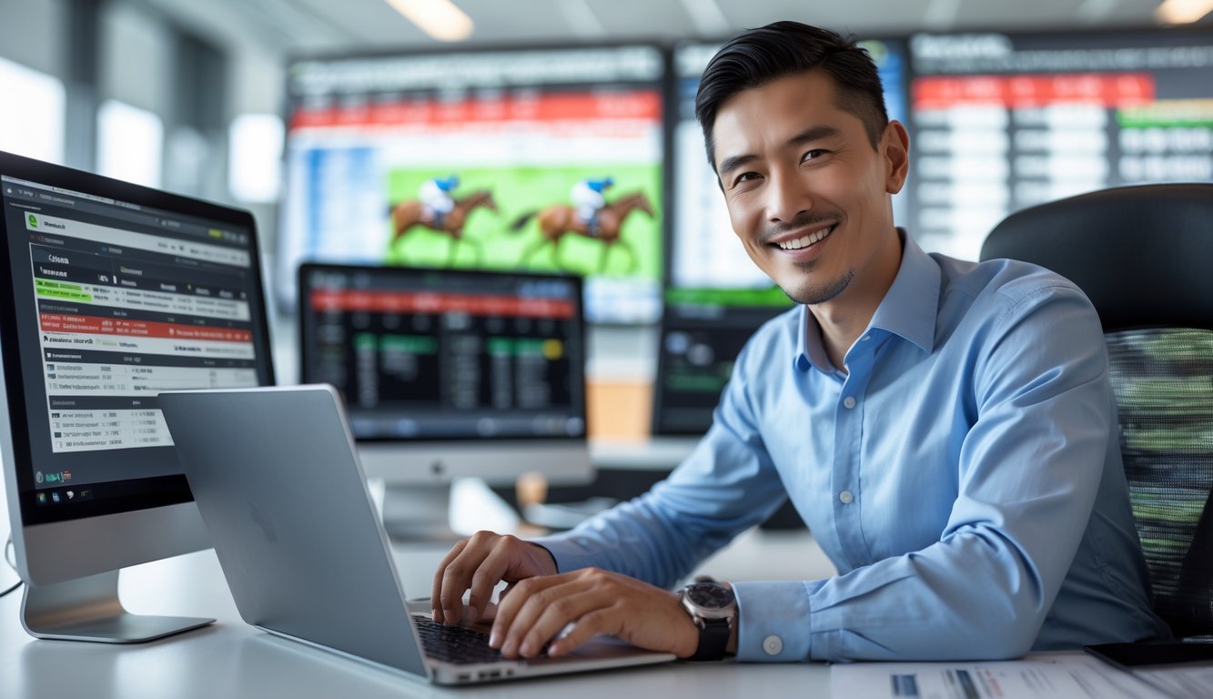 Seorang agen judi balap kuda bekerja di kantor modern dengan beberapa layar komputer yang menampilkan data balap kuda dan transaksi online.