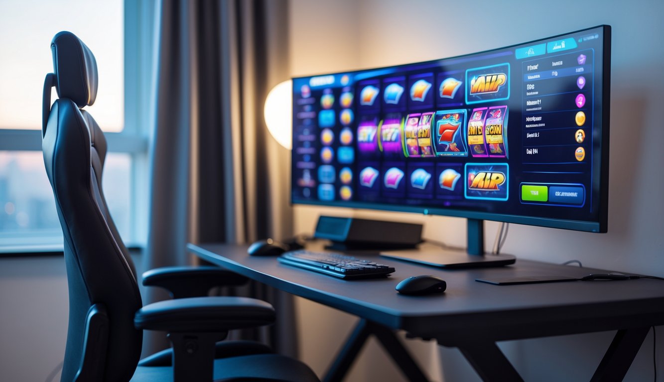 Sebuah ruang kerja modern dengan komputer menampilkan permainan slot online berwarna-warni, kursi nyaman, dan pencahayaan alami yang menciptakan suasana santai dan teratur.