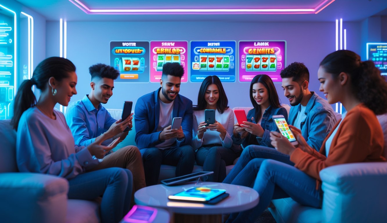 Sekelompok orang muda menggunakan perangkat digital untuk bermain permainan slot online di ruangan modern yang terang dan futuristik.