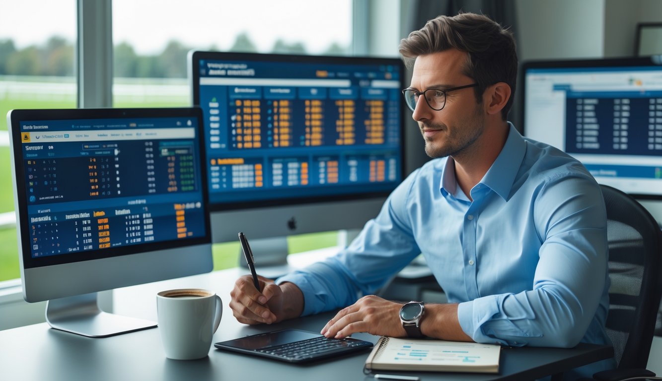 Seorang pria duduk di meja dengan beberapa layar komputer yang menampilkan data balap kuda, sedang fokus menganalisis informasi untuk taruhan online.