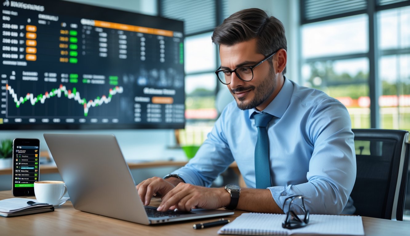 Seorang pria sedang menganalisis data balap kuda di laptop dalam ruangan kantor modern.