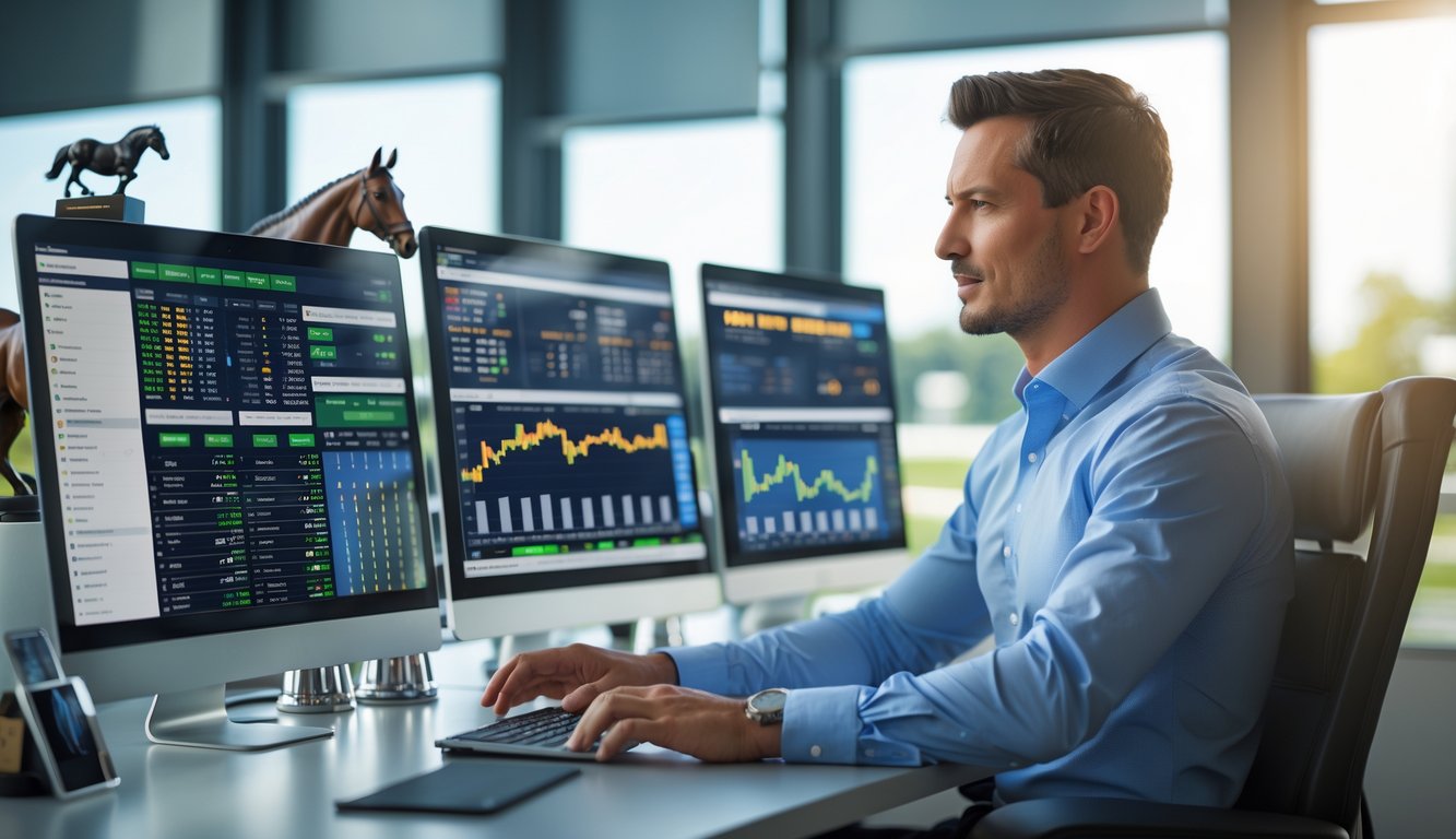 Seorang pria profesional sedang duduk di meja dengan beberapa layar komputer yang menampilkan data balap kuda dan peluang taruhan.