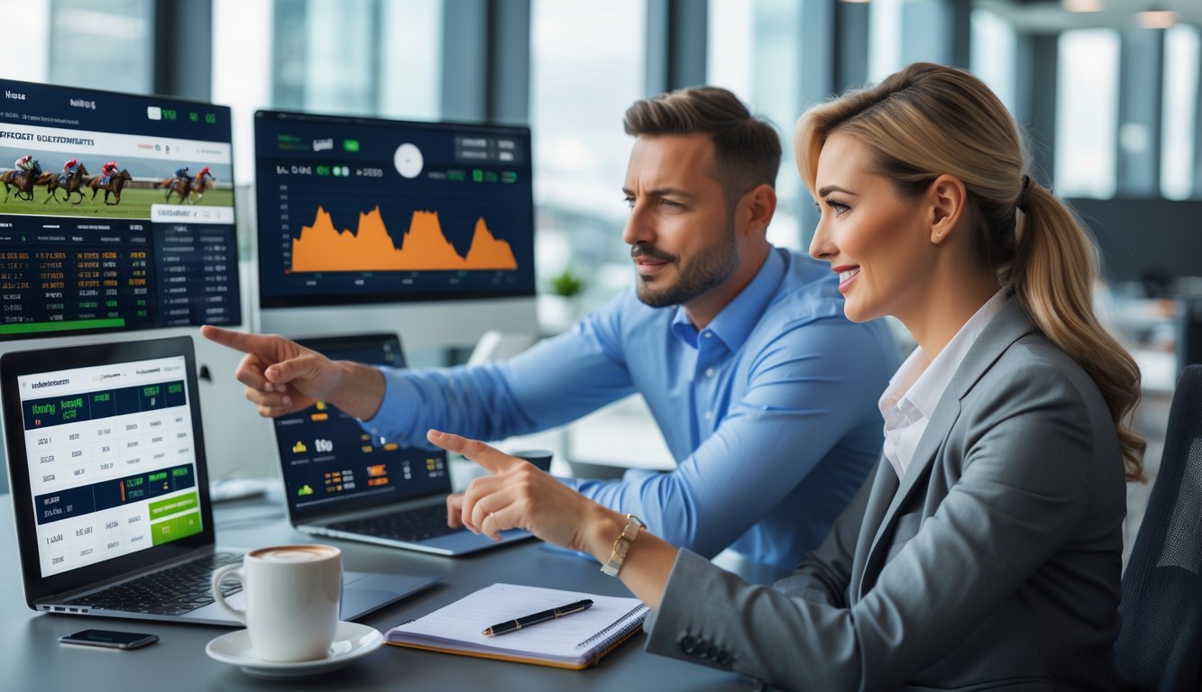 Seorang pria dan wanita sedang menganalisis data balap kuda di layar digital di sebuah kantor modern.