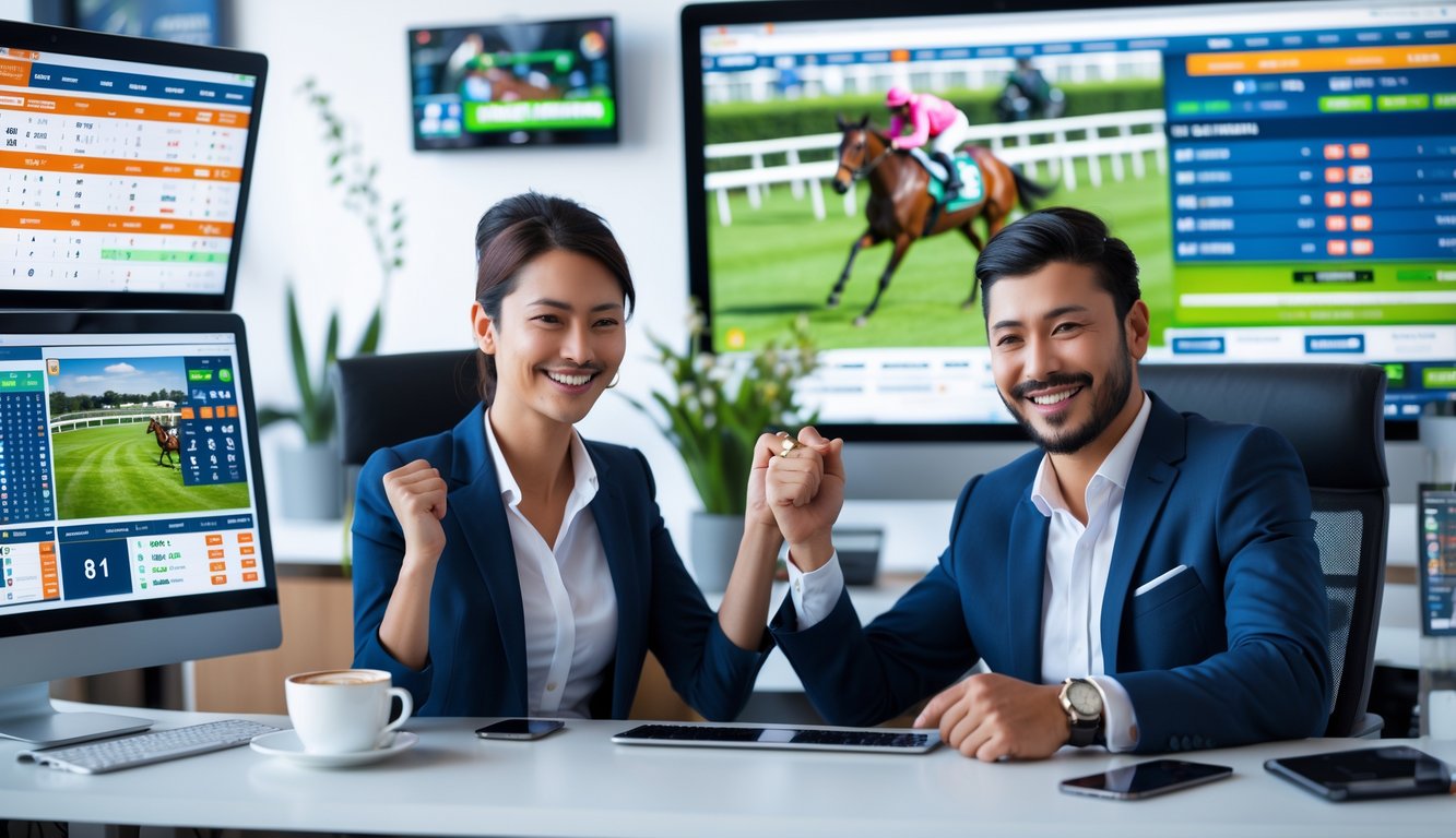 Seorang pria dan wanita duduk di depan komputer yang menampilkan balap kuda dan taruhan online, tampak senang dan fokus.
