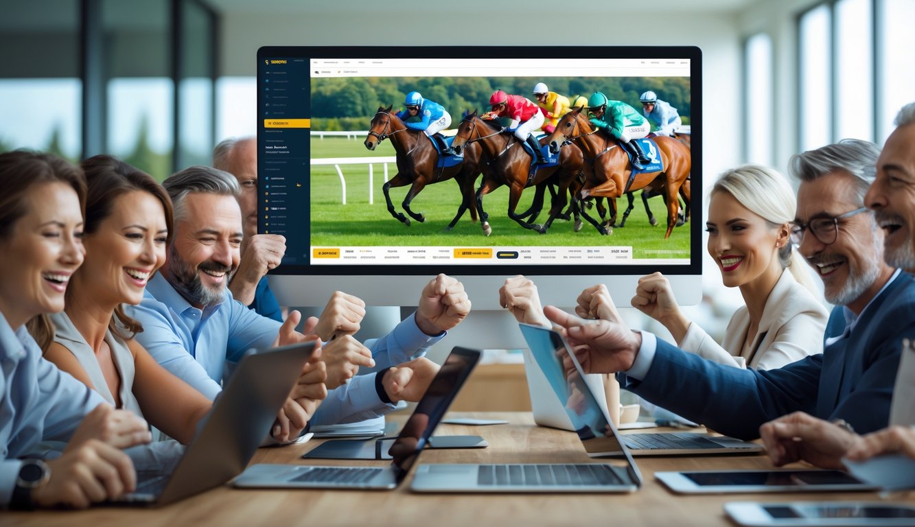 Beberapa orang sedang menggunakan perangkat digital untuk bertaruh pada balap kuda secara online dan merayakan kemenangan bersama.
