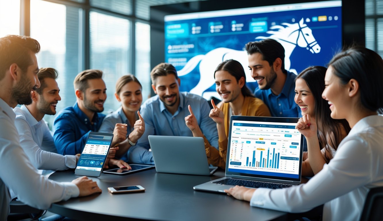 Sekelompok orang menggunakan perangkat digital untuk taruhan balap kuda secara online dalam suasana kantor modern.